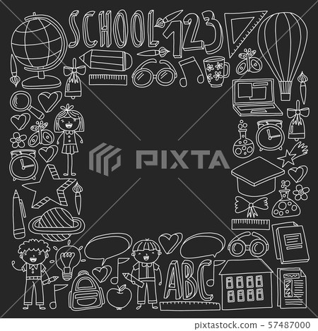 Vector set of back to school icons in doodle style. Chalked drawing on a school blackboard. Vector set of back to school icons in doodle style. Chalked drawing on a school blackboard. 57487000