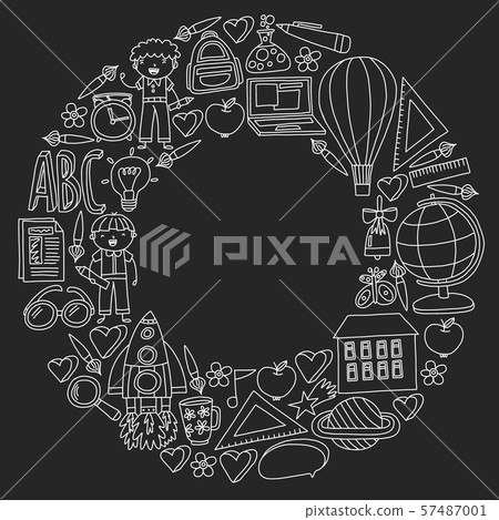 Vector set of back to school icons in doodle style. Chalked drawing on a school blackboard. Vector set of back to school icons in doodle style. Chalked drawing on a school blackboard. 57487001