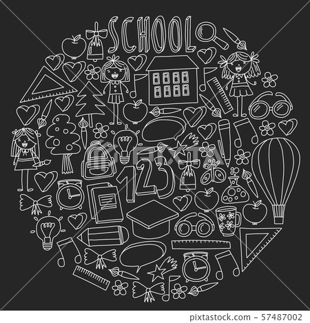 Vector set of back to school icons in doodle style. Chalked drawing on a school blackboard. 57487002
