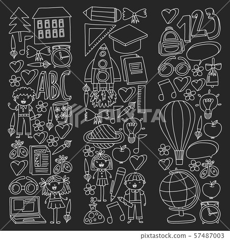 Vector set of back to school icons in doodle style. Chalked drawing on a school blackboard. 57487003