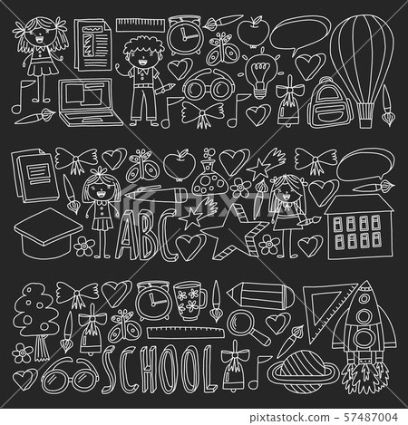 Vector set of back to school icons in doodle style. Chalked drawing on a school blackboard. 57487004