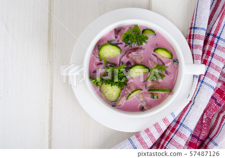 Cold beet soup with cucumbers. Studio Photo Cold beet soup with cucumbers. Studio Photo 57487126