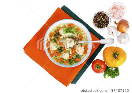 Chicken broth with vegetables, pasta and Chicken broth with vegetables, pasta and 57487130