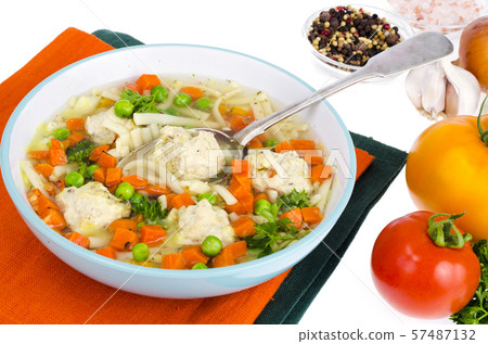 Chicken broth with vegetables, pasta and Chicken broth with vegetables, pasta and 57487132