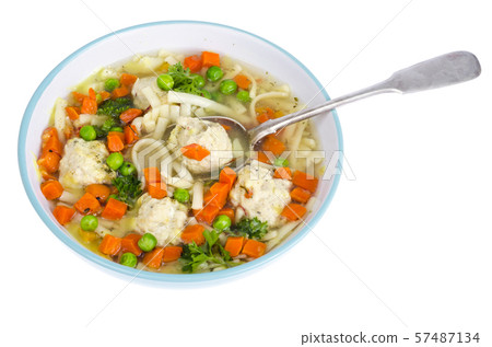 Chicken broth with vegetables, pasta and 57487134