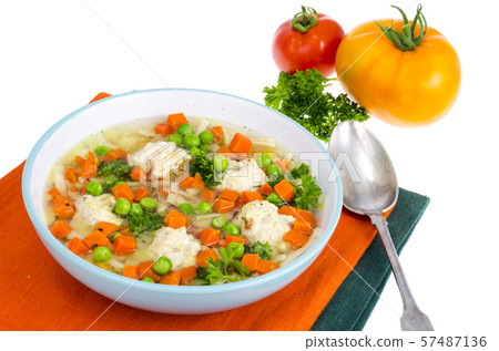Chicken broth with vegetables, pasta and 57487136