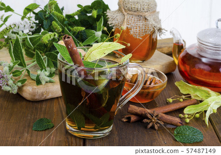 Herbal tea with mint, dried linden flowers 57487149
