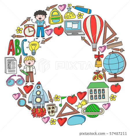 Vector set of Back to School icons in doodle style. Painted, colorful, pictures on a piece of paper Vector set of Back to School icons in doodle style. Painted, colorful, pictures on a piece of paper 57487211