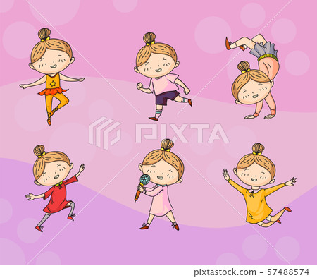 Vector set of playing creative children in doodle style, kids drawing on soft backround. 57488574