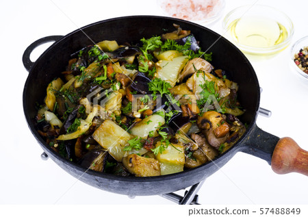 Vegetable stew pan saute isolated on white 57488849