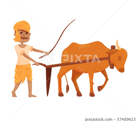 Man in Indian clothing plows the earth with an ox. Vector illustration. Man in Indian clothing plows the earth with an ox. Vector illustration. 57489623