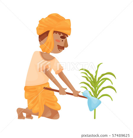Man in Indian clothing weeds a garden. Vector illustration. 57489625