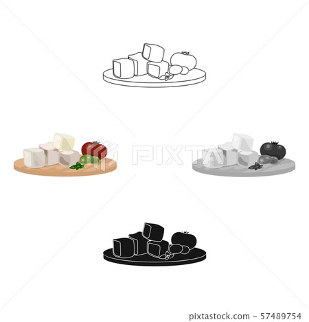 Diced cheese feta with tomatoes and olives on the cutting board icon in cartoon,black style isolated Diced cheese feta with tomatoes and olives on the cutting board icon in cartoon,black style isolated 57489754