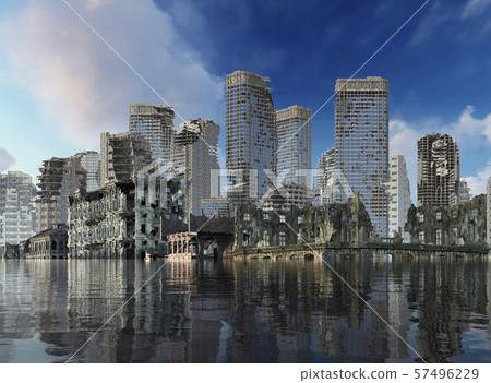 Global Warming Ruins of a city apocalyptic landscape 3d illustration concept Global Warming Ruins of a city apocalyptic landscape 3d illustration concept 57496229