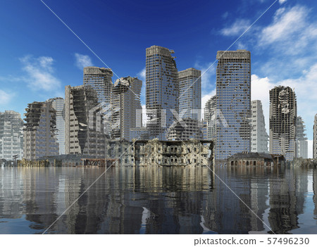 Global Warming Ruins of a city apocalyptic landscape 3d illustration concept Global Warming Ruins of a city apocalyptic landscape 3d illustration concept 57496230
