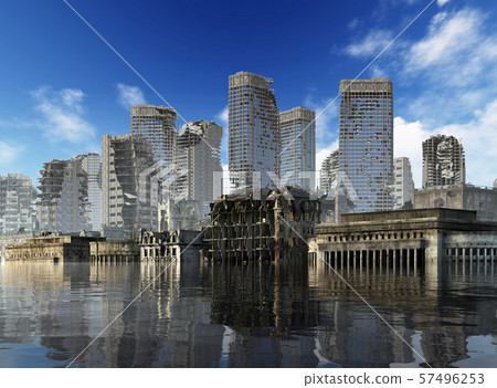 Global Warming Ruins of a city apocalyptic landscape 3d illustration concept Global Warming Ruins of a city apocalyptic landscape 3d illustration concept 57496253