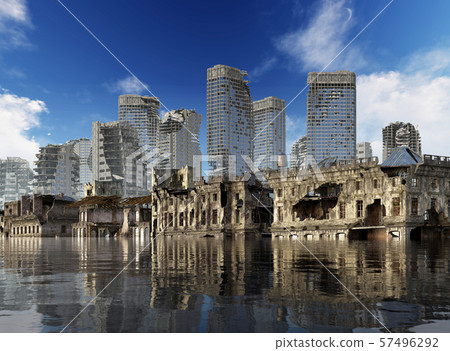 Global Warming Ruins of a city apocalyptic landscape 3d illustration concept Global Warming Ruins of a city apocalyptic landscape 3d illustration concept 57496292
