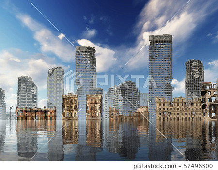 Global Warming Ruins of a city apocalyptic landscape 3d illustration concept Global Warming Ruins of a city apocalyptic landscape 3d illustration concept 57496300