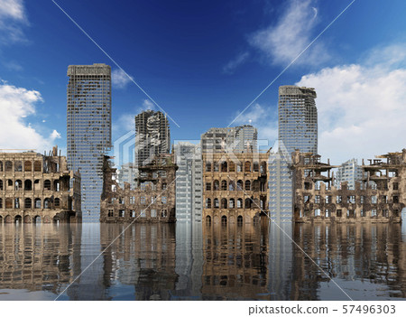 Global Warming Ruins of a city apocalyptic landscape 3d illustration concept Global Warming Ruins of a city apocalyptic landscape 3d illustration concept 57496303