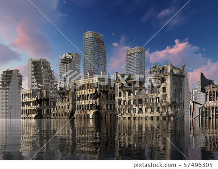 Global Warming Ruins of a city apocalyptic landscape 3d illustration concept Global Warming Ruins of a city apocalyptic landscape 3d illustration concept 57496305