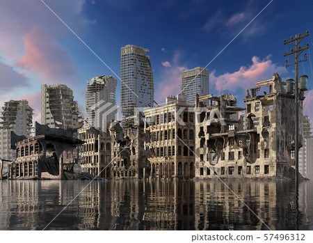 Global Warming Ruins of a city apocalyptic landscape 3d illustration concept Global Warming Ruins of a city apocalyptic landscape 3d illustration concept 57496312
