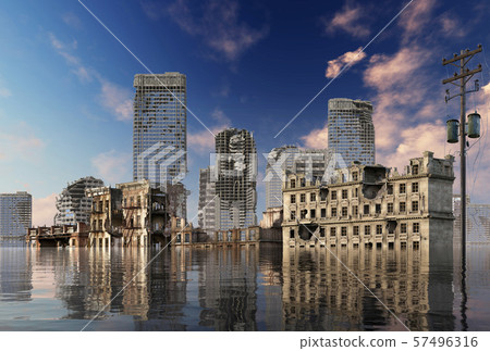 Global Warming Ruins of a city apocalyptic landscape 3d illustration concept Global Warming Ruins of a city apocalyptic landscape 3d illustration concept 57496316