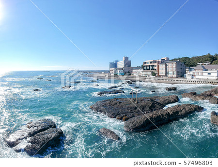 Aerial panorama Ibaraki Prefecture Oarai Coast Seaside Torii Shrine Aerial panorama Ibaraki Prefecture Oarai Coast Seaside Torii Shrine 57496803