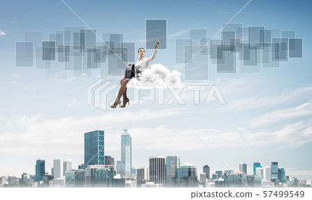 Elegant lady boss or accountant float on cloud and pointing with finger 57499549