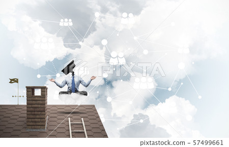 Concept of security and privacy protection with camera headed man meditating Concept of security and privacy protection with camera headed man meditating 57499661