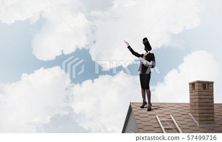 Concept of security and privacy protection with camera headed woman Concept of security and privacy protection with camera headed woman 57499716