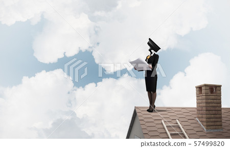 Concept of security and privacy protection with camera headed woman Concept of security and privacy protection with camera headed woman 57499820