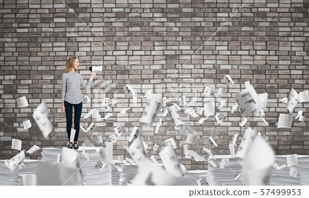 Woman keeping megaphone in hand. Woman keeping megaphone in hand. 57499953