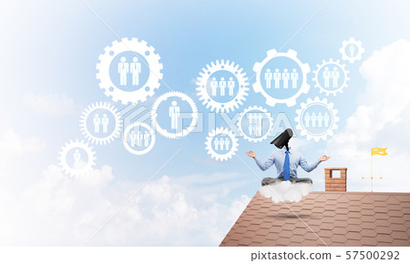 Concept of security and privacy protection with camera headed man meditating Concept of security and privacy protection with camera headed man meditating 57500292