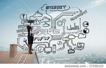 Concept of home security and privacy protection with camera headed woman 57500320