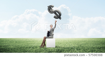 Attractive business lady or accountant outdoors on white box Attractive business lady or accountant outdoors on white box 57500388