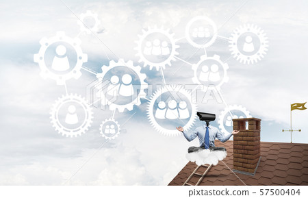 Concept of security and privacy protection with camera headed man meditating 57500404