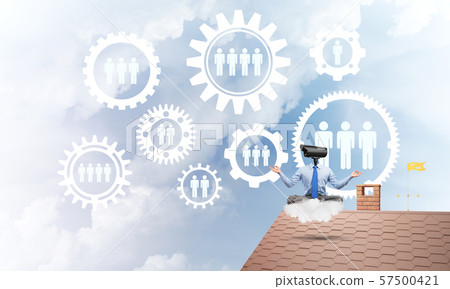 Concept of security and privacy protection with camera headed man meditating 57500421