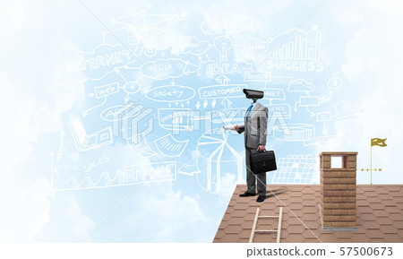 Concept of home security and privacy protection with camera headed man Concept of home security and privacy protection with camera headed man 57500673