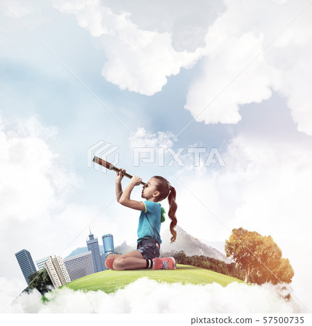 Concept of careless happy childhood with girl looking in future Concept of careless happy childhood with girl looking in future 57500735