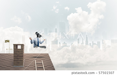 Concept of security and privacy protection with camera headed man meditating 57501507