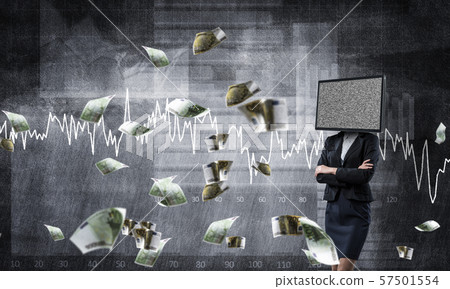 Business woman with TV instead of head. Business woman with TV instead of head. 57501554