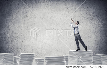 Happy businessman playing fife. Happy businessman playing fife. 57501973