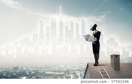 Concept of home security and privacy protection with camera headed woman 57503206