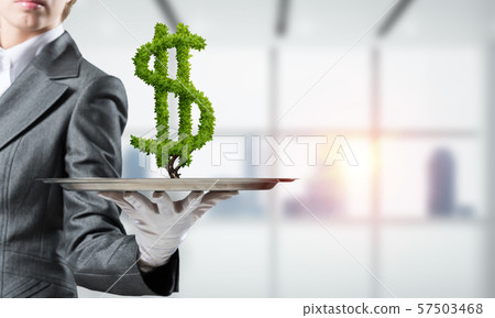 Hand of waitress presenting dollar sign on tray. Hand of waitress presenting dollar sign on tray. 57503468