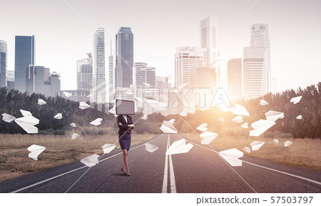 Business woman with TV instead of head. Business woman with TV instead of head. 57503797