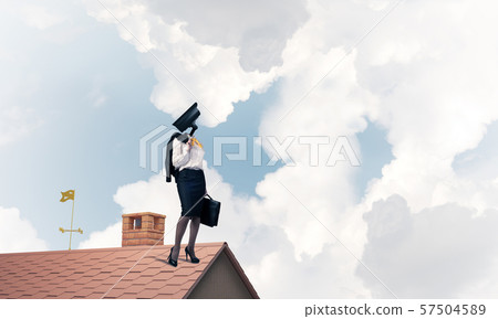 Concept of security and privacy protection with camera headed woman Concept of security and privacy protection with camera headed woman 57504589