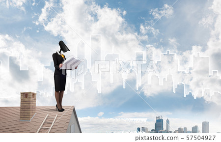 Concept of home security and privacy protection with camera headed woman Concept of home security and privacy protection with camera headed woman 57504927