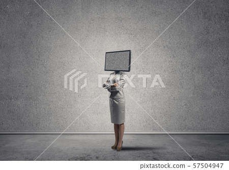 Business woman with TV instead of head. Business woman with TV instead of head. 57504947