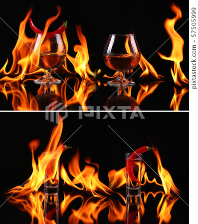 collage Hot chili pepper in a Brandy glass with a collage Hot chili pepper in a Brandy glass with a 57505999