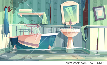 Flooding bathroom in old house cartoon 57506663